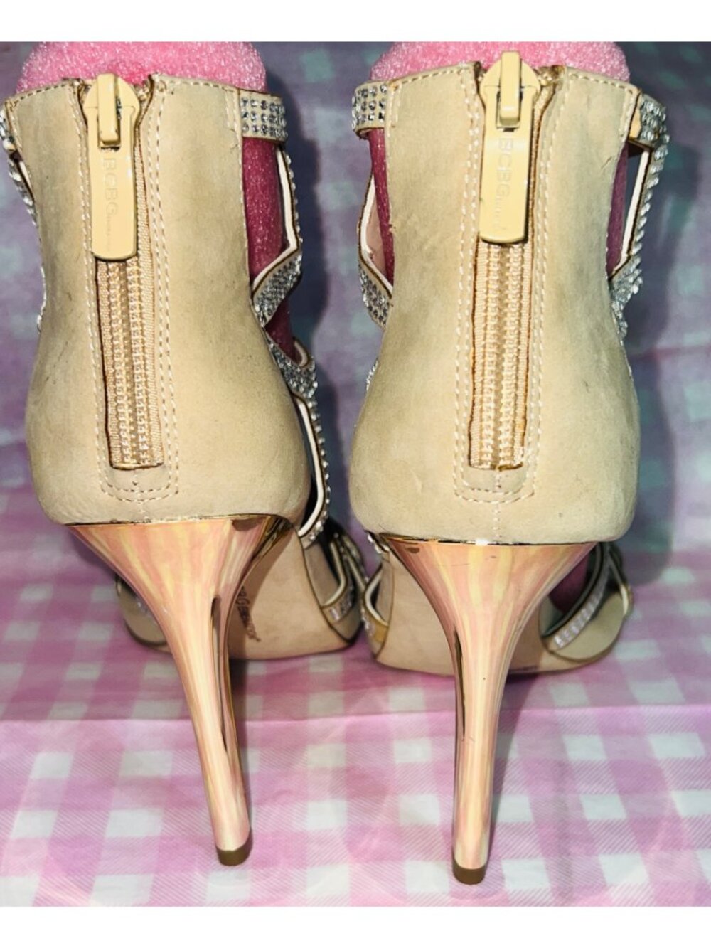 BCBGGeneration 7.5M Women’s Gold Rhinestone Suede High Heel Sandals Back Zipper - Picture 5 of 8
